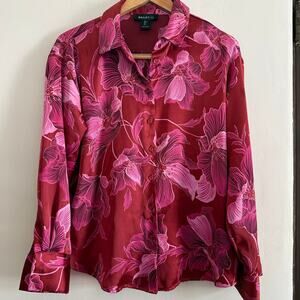 BAILEY / 44 | Pink and Red Satin Floral Button Down Blouse | Large